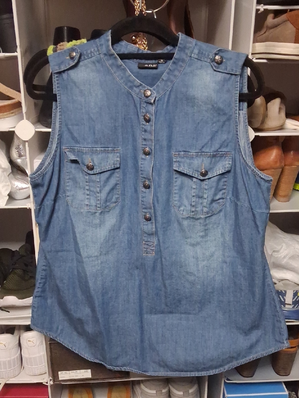 a.n.a Sleeveless Chambray Button Front Shirt - Blue